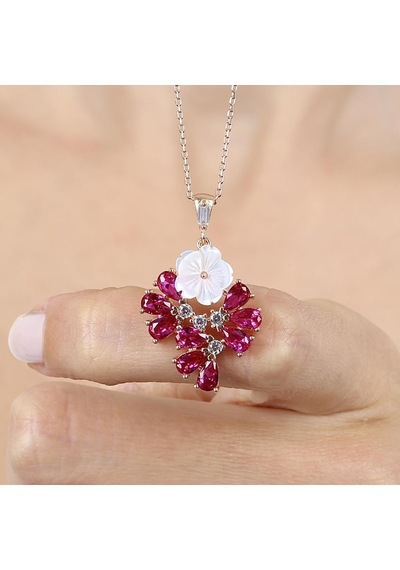 Mia vento Fuşya Taşlı Damla Masalı Manolya Çiçeği Rose Renk Gümüş Kolye
