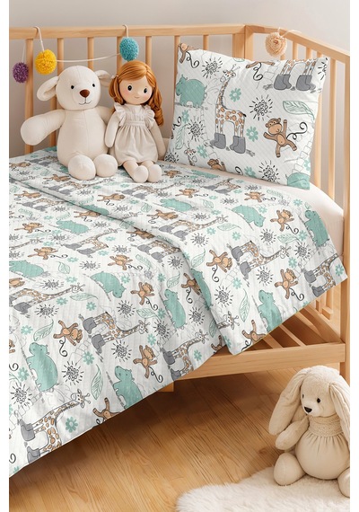 Evimde Bambaşka Safari Mint Çocuk Odası Tek Kişilik Pike Takımı - Sevimli Bej 160x220  CM Kapitone Yatak Örtüsü