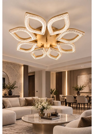Yonca Model Gold Kumandalı 8 Li Ledli 3 Renk Modu Kristal Salon Mutfak Yatak Çocuk Odası Avize Altın