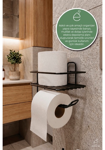 Yapışkanlı Tuvalet Kağıtlığı Mat Siyah Metal Kağıtlık Delmeden Montaj Banyo Organizer