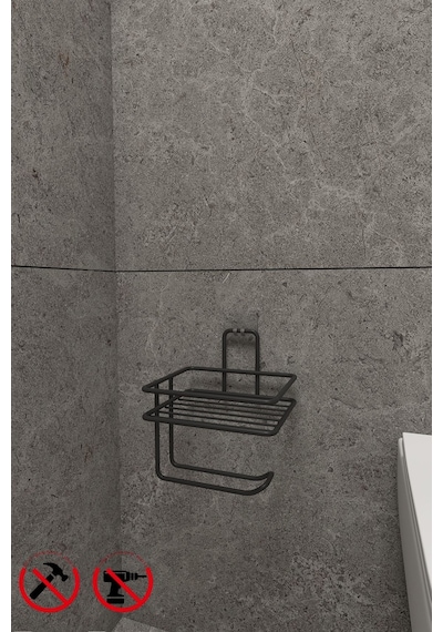 Alper Banyo Siyah Güçlü Yapışkanlı Yedek Raflı Tuvalet Kağıtlığı Tuvalet Kağıdı Askısı