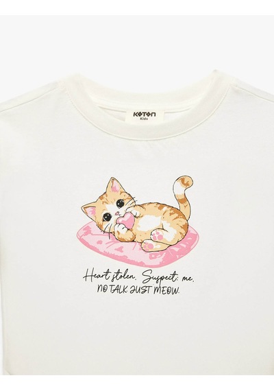 Koton Kedi Baskılı Ekru Kız Çocuk T-shirt 6skg10585ak