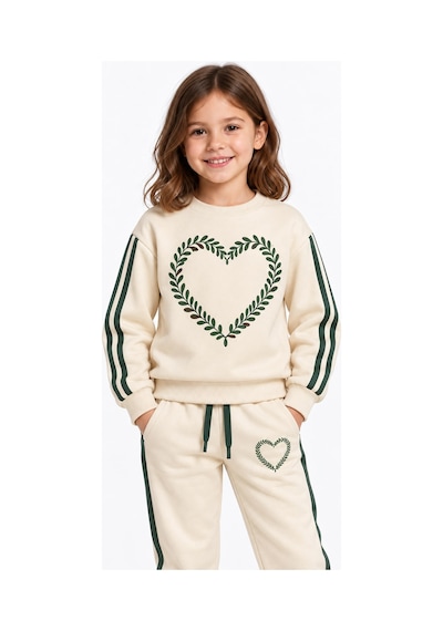 Rony Pony Kids Kız Çocuk Ekru Yeşil Kalp Desenli Şeritli Eşofman Takımı Sweatshirt Ve Jogger Pantolon Beyaz Yeşil
