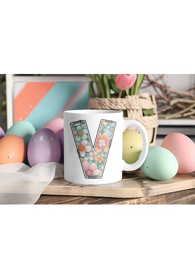 V Harfli Pastel Çiçek Desenli Kahve Kupası - Kişiye Özel Çiçekler Koleksiyonu Bardak - Hediye Beyaz
