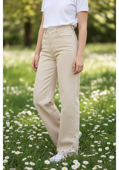 Woddi Nova Kadın Yüksek Bel Krem Salaş Jeans Wide Leg Geniş Paça Palazzo Kot Pantolon