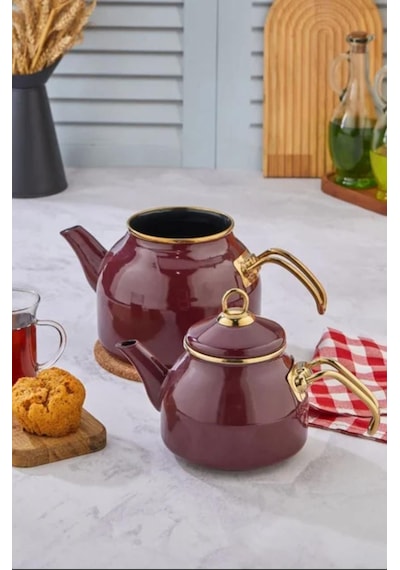 Emaye Özel Tasarım Yapışmaz Yüzey Büyük Boy Demlik Seti Emaye Çaydanlık Üst 1.4 L Alt 2.6 L Bordo