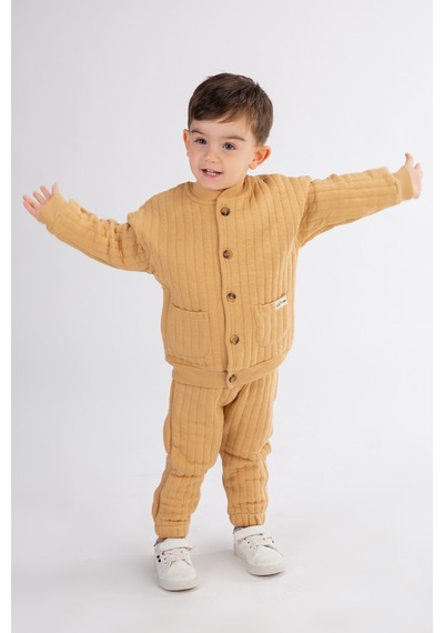 Harika Kids Erkek Çocuk Kapşonlu Kapitone Kumaş Hırkalı Alt Üst Takım Kahverengi