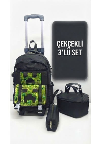2 Kademeli Çekçekli Tekerlekli Karekter Desenli Erkeki 3 Lü Set Takım İlkokul Sırt Çantası 40 28 17 Cm Siyah