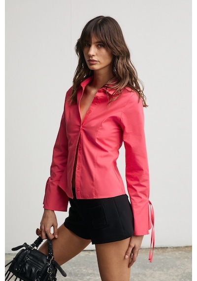 Grımelange Janeta Kadın Kolları Biye Bağlamalı Slim Fit Vucuda Oturan Beyaz Nar Çiçeği Gömlek
