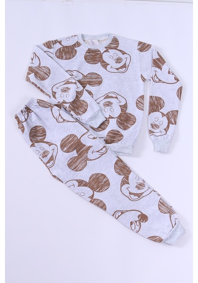 Hçm Erkek Çocuk Pijama Takımı Şardonlu Mickey Mouse Baskılı Ribanalı E27 Gri