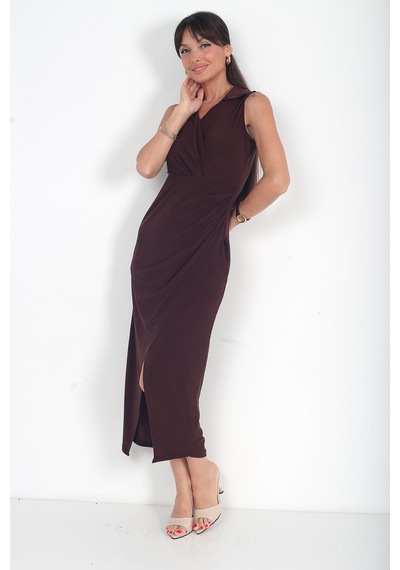 By Saygı Kadın Polo Kruvaze Yaka Drape Detaylı Likralı Midi Elbise Kahve
