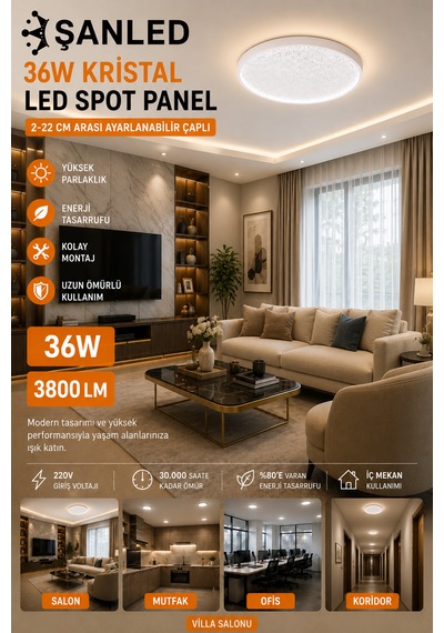 36w Kristal Beyaz Işık Led Spot Panel 3800 Lümen 2-22 Cm Ayarlanabilir Çaplı Tavan Aydınlatma 4 Adet