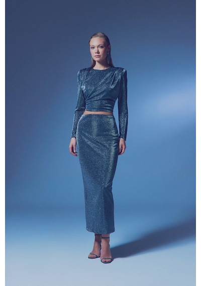 Sateen Simli Midi Etek - Antrasit-135383 Antrasit