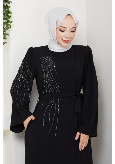 Eslemnur Önü Ve Kolu Taşlı Reglan Kol Ferace Siyah