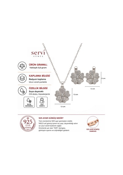 Servi 925 Ayar Gümüş Rose Garden Zirkon Taşlı Zarif Çiçek Kolye Ve Küpe Seti -538