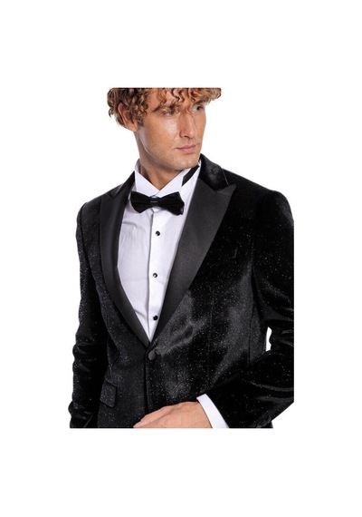 Simli Slim Fit Kadife Siyah Erkek Smokin Ceket - Wessi Siyah