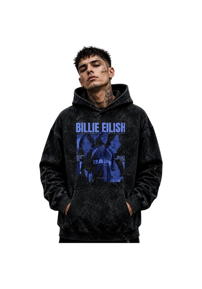 Sevbano Billie Eilish Şarkıcı Baskılı Unisex Oversize Yıkamalı Hoodie Swe Siyah