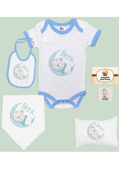 Bk Kids Kişiye Özel İsimli 6 Parça Mavi Bebek Body Zıbın Battaniye Ve Yastık Hediye Seti, Yeni Doğan Bebek Giyim Hediyesi-3