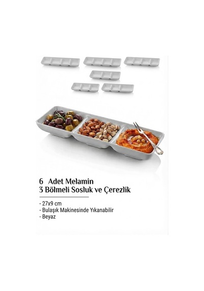 6 Adet Melamin 3 Bölmeli Sosluk Ve Çerezlik - 27x9 Cm - Bulaşık Makinesinde Yıkanabilir - Beyaz