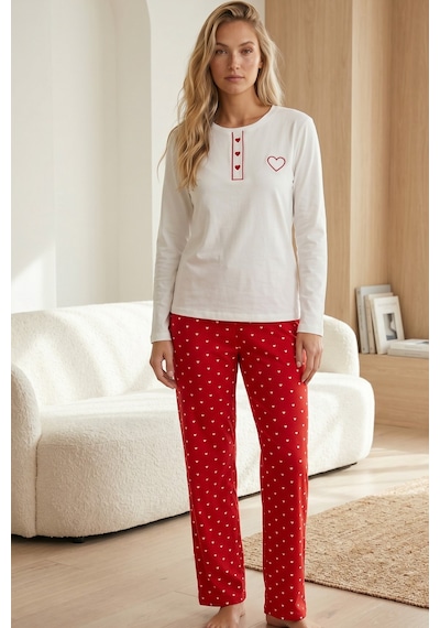 Siyah İnci Nakışlı Pamuklu Likralı Bisiklet Yaka Örme Pijama Takım 26240284 Ekru