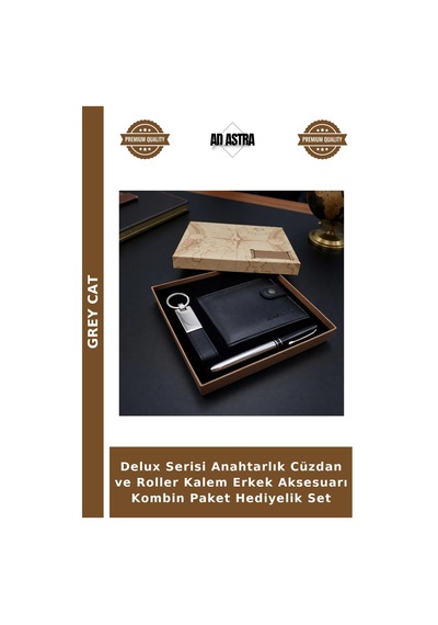 Grey Cat Delux Serisi Anahtarlık Cüzdan Ve Roller Kalem Erkek Aksesuarı Kombin Paket Hediyelik Set Çok Renkli