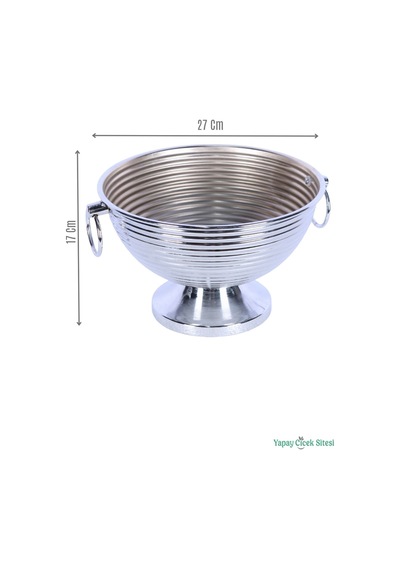 Yapay Çiçek Sitesi Metal Çizgili Küpeli Vazo 17 Cm Gümüş