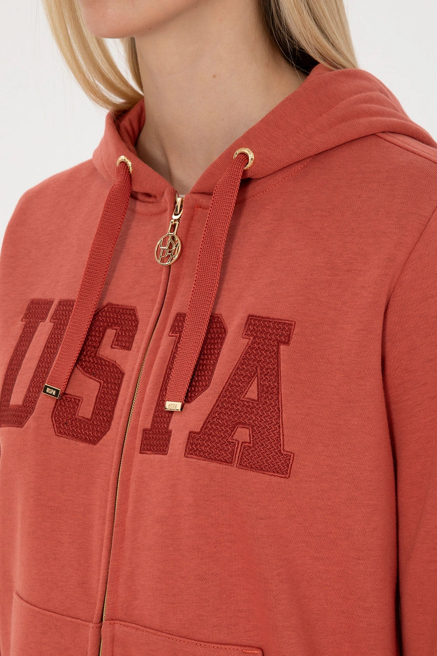 U.S. Polo Assn. Kadın Kiremit Uzun Fermuarlı Kapüşonlu Basic Sweatshirt 50307724-VR026