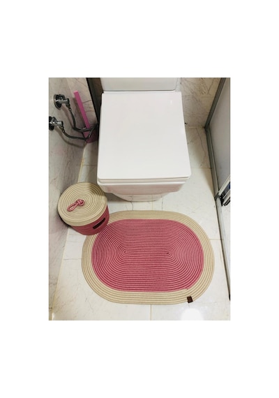 Jüt,hasır,2 Li,banyo Takımı,bohem Tarzı Banyo Takımı, Paspas/sepet/25x25 Pembe Beyaz Pembe Beyaz