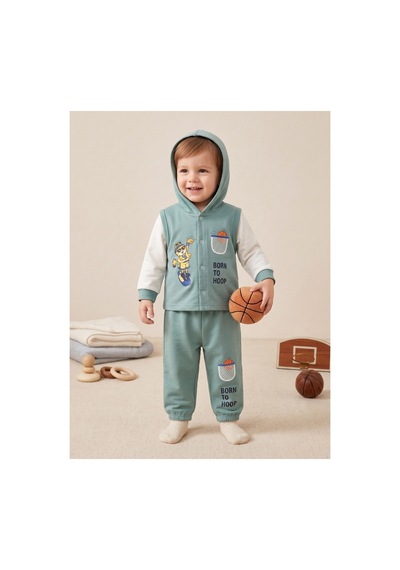 Deniva Kids Erkek Bebek Mint Yeşili Kapüşonlu Yelek Görünümlü Baskılı Eşofman Takımı Alt Üst 2'li Takım