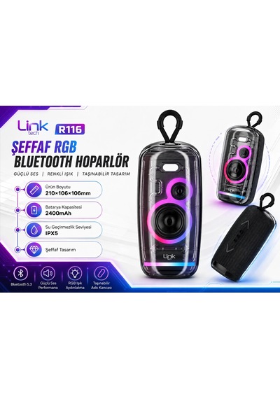 Linktech Şeffaf Bluetooth Hoparlör - Linktech R116 Şeffaf Tasarım Ipx5 Sertifikalı Rgb Işıklı Blueto