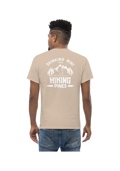 Wildstyle Drinking Wine And Hiking Pines Doğa Yürüyüşü Baskılı Unisex Pamuklu Tişört Camel
