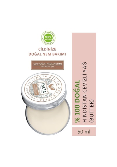 INCIA %100 Doğal Tüm Vücut İçin Butter Yoğun Nemlendirici Krem Hindistan Cevizli Organik Vegan 50 ML