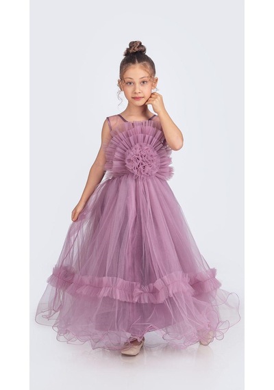 Mnk Baby & Kids Uzun Etekli , Askılı Kız Cocuk Gül Motif Abiye Elbise M00670 MÜRDÜM