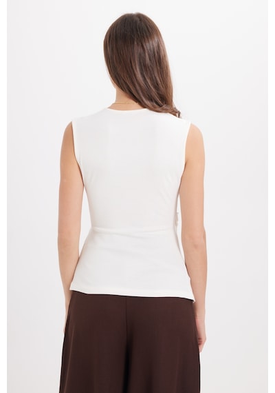 Tudors Kadın Slim Fit Dar Kesim Pamuklu Sıfır Kol Kruvaze Yaka Büzgülü Ekru Bluz-50948