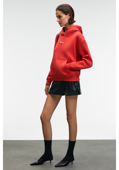 ETHIQUET ME UREA Kadın Nakışlı Kapüşonlu Comfort Fit Kırmızı Sweatshirt