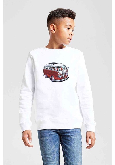 Tshirthane Wv Wosvos Karavan Minibüs Baskılı Unisex Çocuk Beyaz Sweatshirt