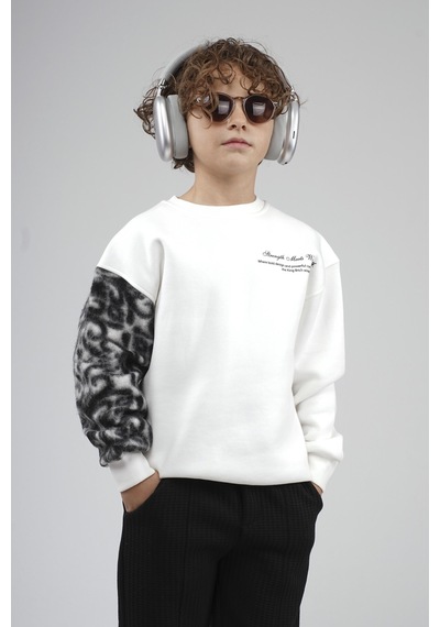 King-Brich Kingbrich Kids Bisiklet Yaka Kolu Garnili Baskılı Çocuk Sweatshirt Ekru
