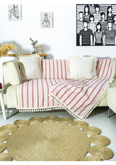 Dnc Home Tekstil Ndchome Bordo Çizgili Ham Ponponlu Otantik Koltuk Örtüsü Koltuk Şalı
