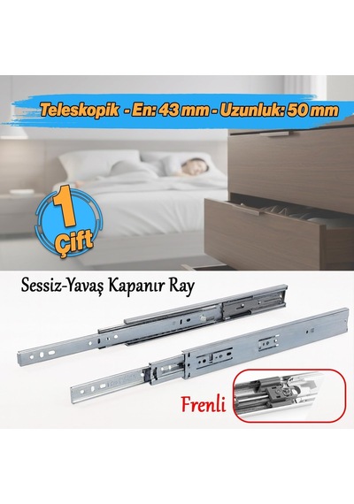1 Çift Frenli Teleskopik Çekmece Rayı Bilyalı Dolap Çekmecesi Ray Metal En 4.3 Cm Uzunluk 50 Cm Diğer