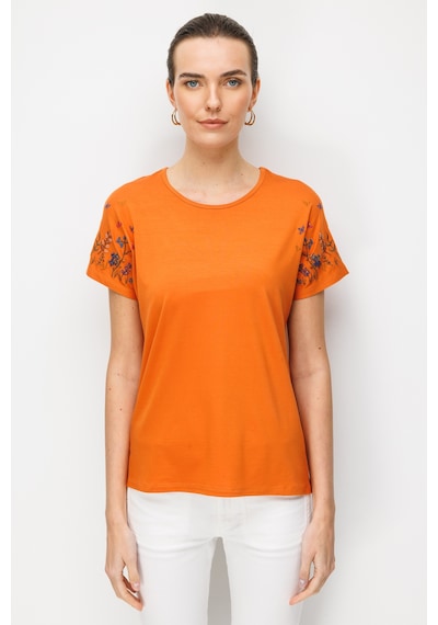 Kadın Sıfır Yaka Nakış İşlemeli Düşük Kollu Penye T-shirt Turuncu Turuncu