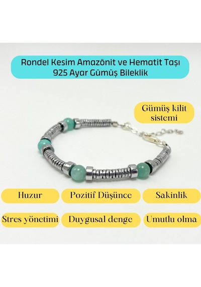Yıldız Doğal Taş Rondel Kesim Amazonit ve Hematit Doğal Taş Gümüş Bileklik 6 MM