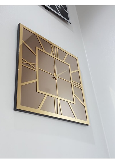 Ayna Denizi Golden Quare Bronze Model Altın Bronz Renk 60 CM x 60 CM Dekoratif Aynalı Duvar Saati Altın