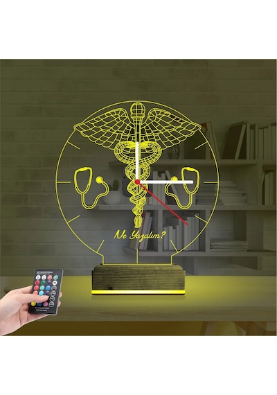 Luvivia Doktor Hediye Tıp Logo Kişiye Özel Saatli 3d Lamba - Masa Gece Lambası Şeffaf
