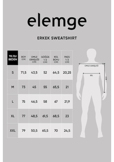 Elemge Pamuklu Erkek Sweatshirt Gri Soft Touch Relax Fit Basic Bisiklet Yaka 3 Iplik Nefes Alan
