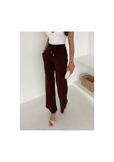 Gugus Kadın Bol Paça Modal Eşofman Altı Taşlı Wide Leg Model Kahverengi