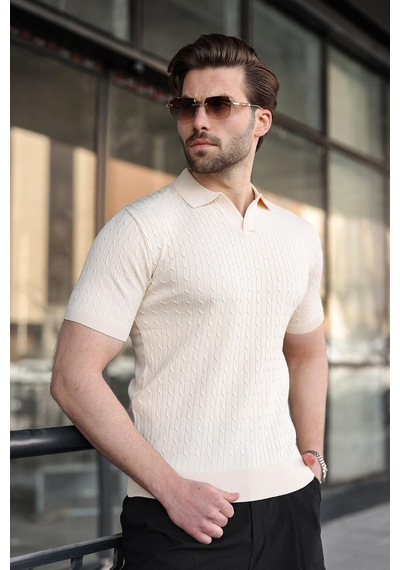 Madmext Taş Rengi Slim Fit Polo Yaka Triko Erkek Tişört E7472 Taş Rengi