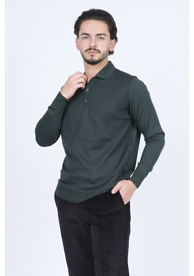 Pave Erkek Desenli Polo Yaka Triko Yün Kazak 4533224 Yeşil