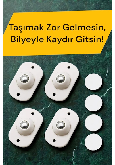 Bilyeli Eşya Kaydırma Aparatı Yapışkanlı Kolay Taşıma 4lü 360 Derece Döner Tekerlek Pratik Kaydırıcı Beyaz