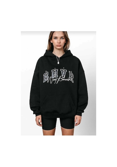 Kozia Outdoors Malkoçbey Bhwr Baskılı Oversize Unisex Siyah Kapüşonlu Swetşirt Siyah Siyah