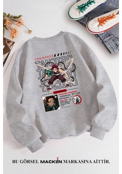 Macklin Unisex Kadın Erkek Demon Tanjiro Kamado Anime Özel Tasarım Baskılı Bisiklet Yaka Sweatshirt Gri Mck1318 Gri